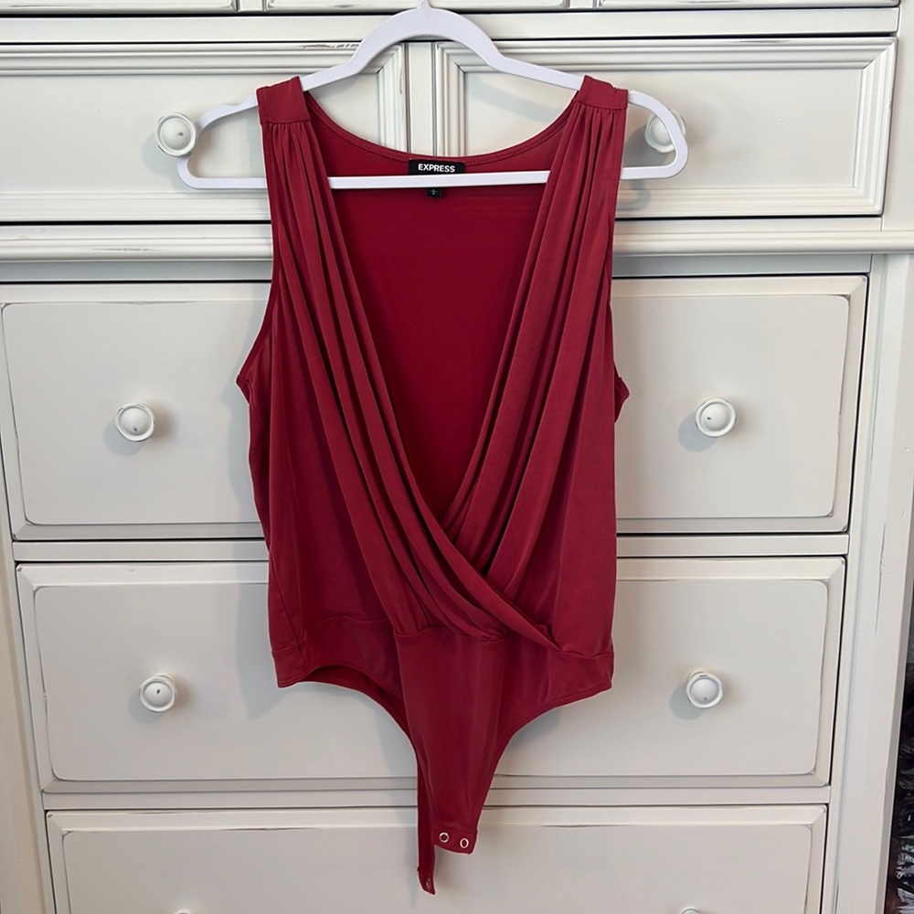 Red surplice draped front body suit
